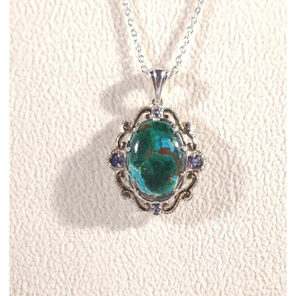 Australian Chrysocolla and Iolite Pendant Necklace 14k YG and Sterling Silver